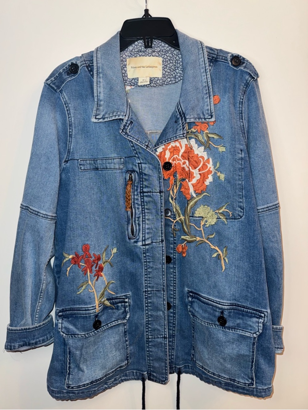 Pilcro and the Letterpress Blue Denim Jacket with Orange Floral Embroidery